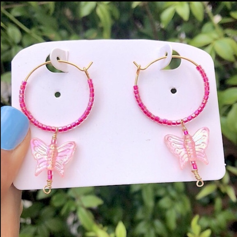 Pink Aurora Borealis Butterfly Hoop Earrings - Picture 1 of 3